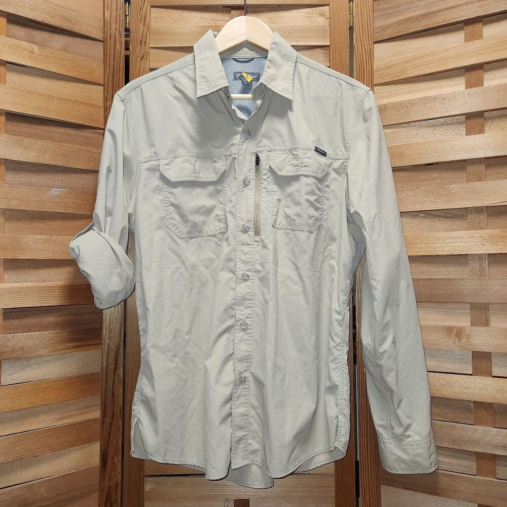 Eddie Bauer Tan Khaki Button Up Long Sleeve Shirt Men M Nylon Polyester Mesh